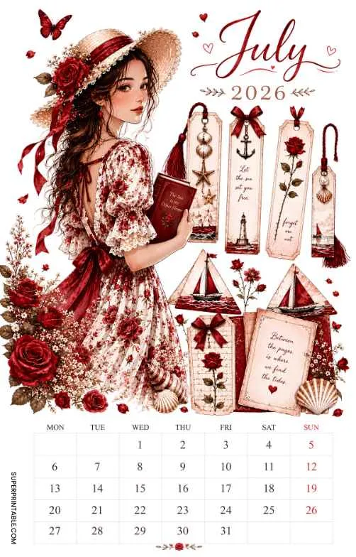 July 2026 calendar with a woman in a floral dress, beach items, books, shells, and seaside decorations.
