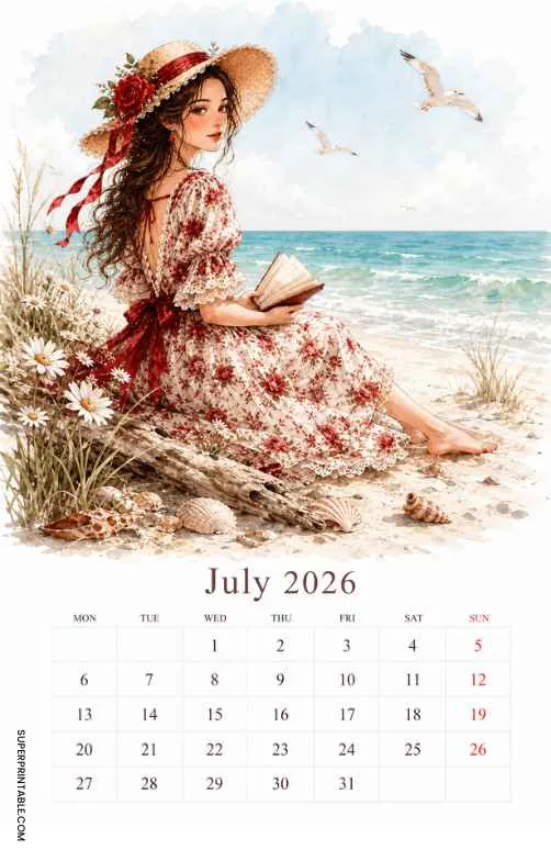 July 2026 calendar with a woman reading on the beach, ocean, seashells, and flying birds.