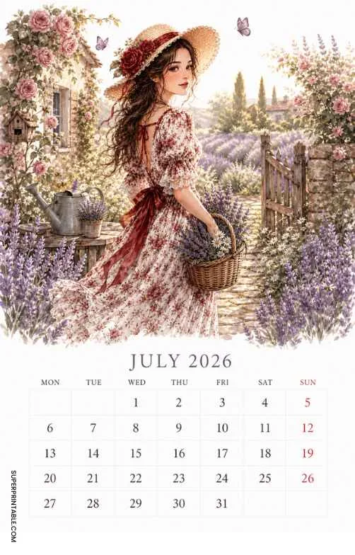 July 2026 calendar with a woman, lavender garden, flowers, basket, and butterflies.