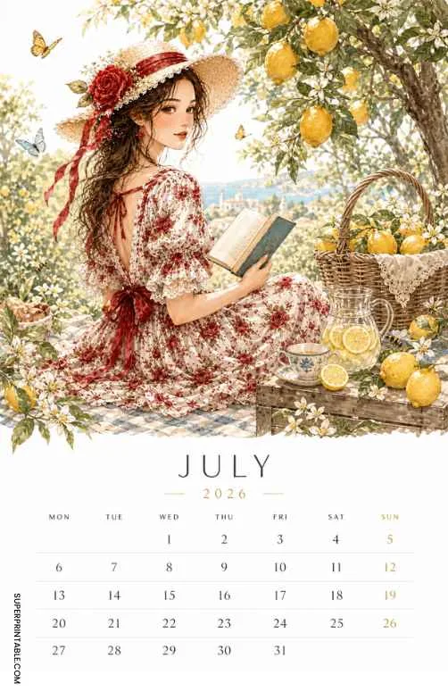July 2026 calendar with a woman reading under a lemon tree, basket, flowers, and lemons.