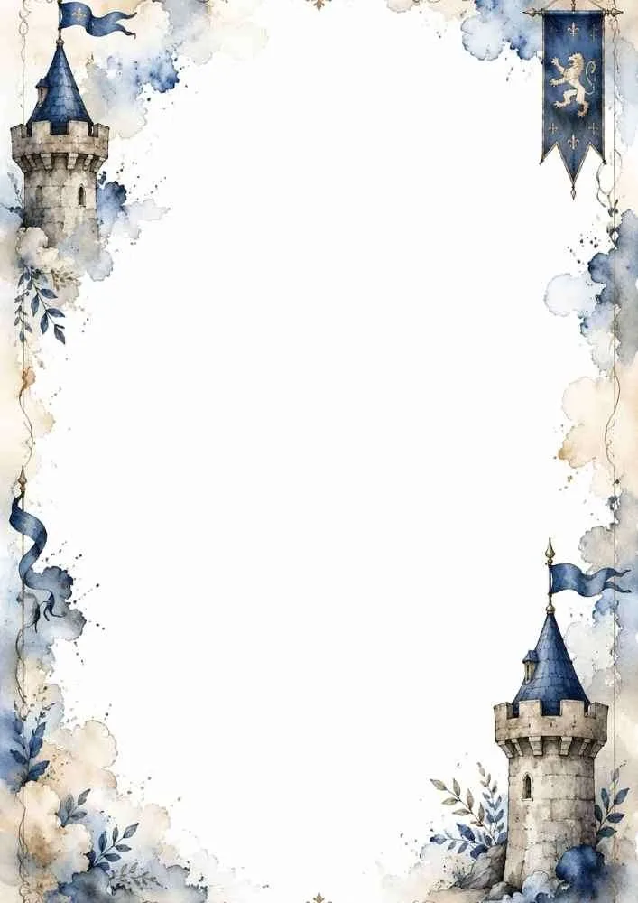 Watercolor border with two castle towers, blue flags, leaves, and an open center.