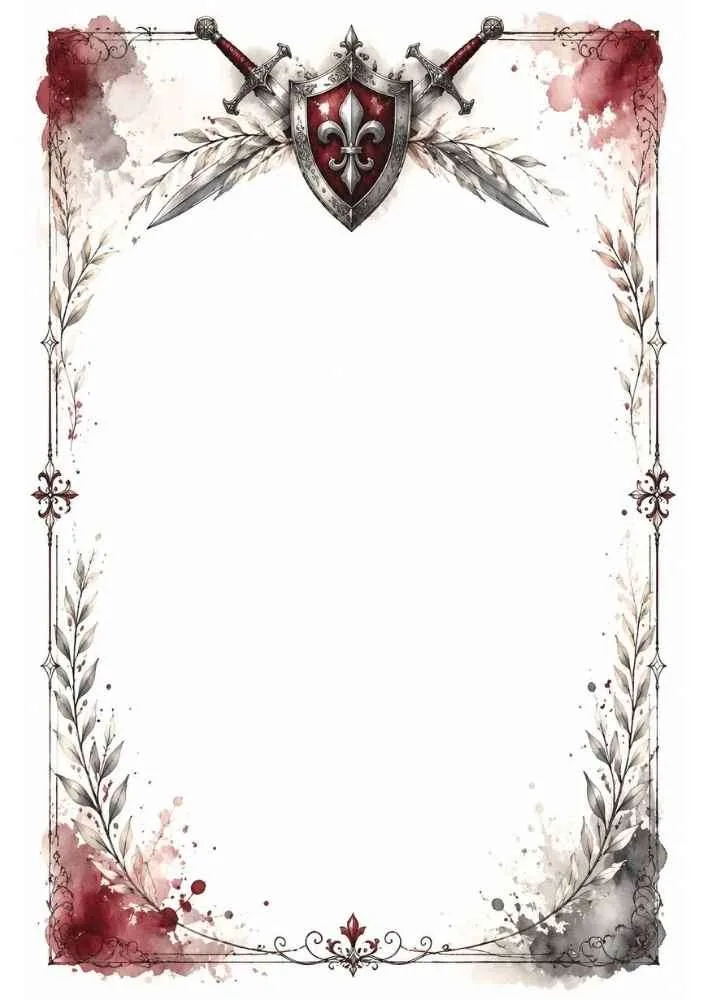 Border with crossed swords, heraldic shield, and floral accents.