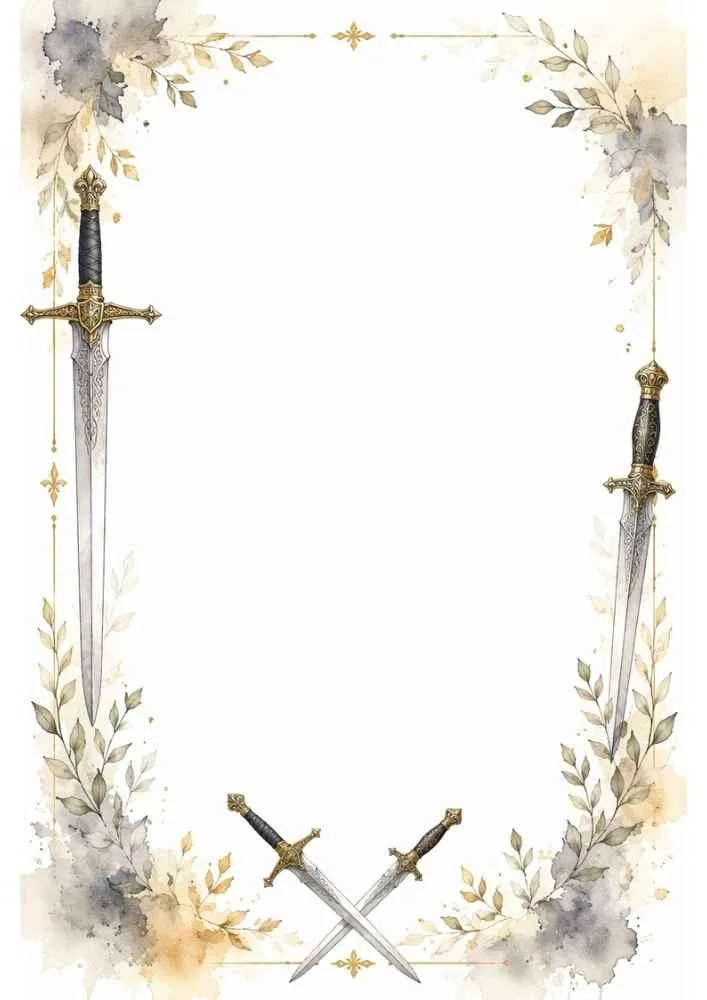 Border with decorative swords and leafy watercolor details.