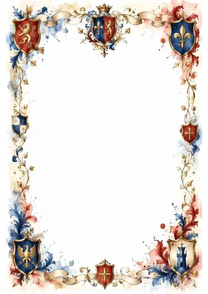 Decorative border with heraldic shields, banners, and floral accents.