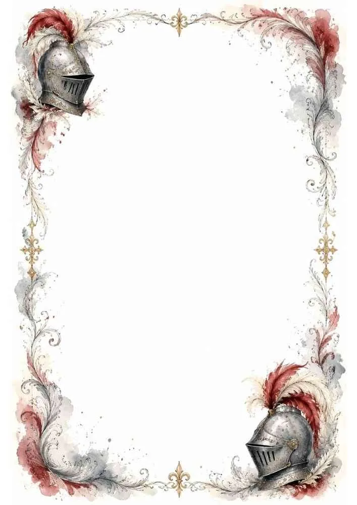 Border with knight helmets, feathers, and decorative floral scrolls.