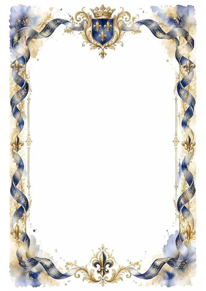 Border with blue ribbons, royal crest, and gold decorations.
