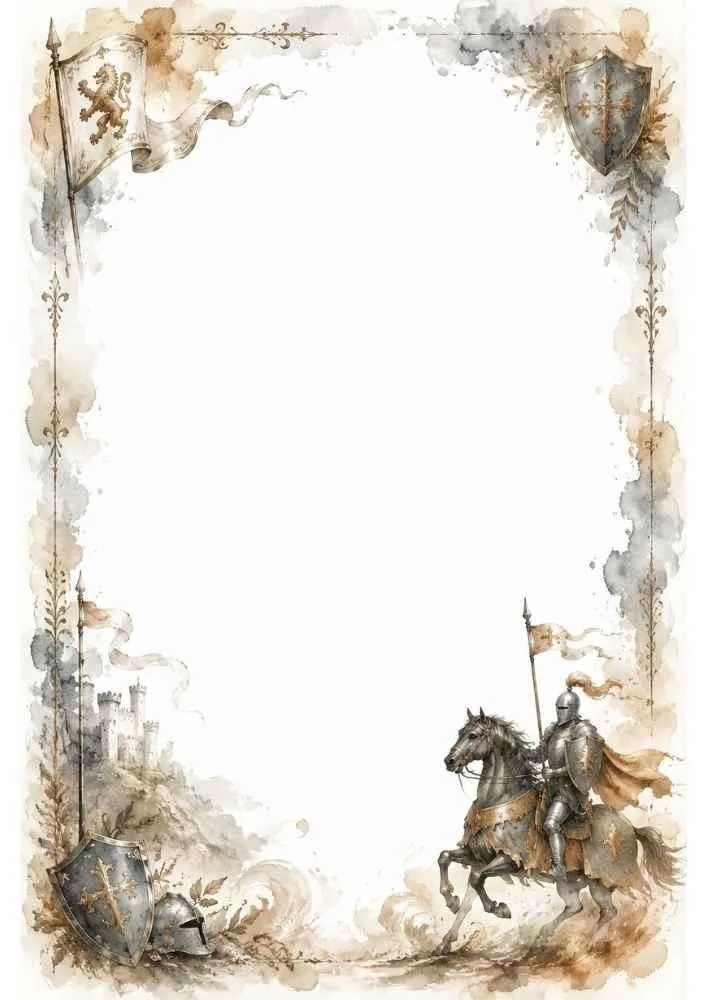Border with knight on horseback, castle, shields, and banners.