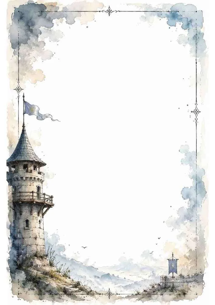 Watercolor border with a castle watchtower and distant landscape.