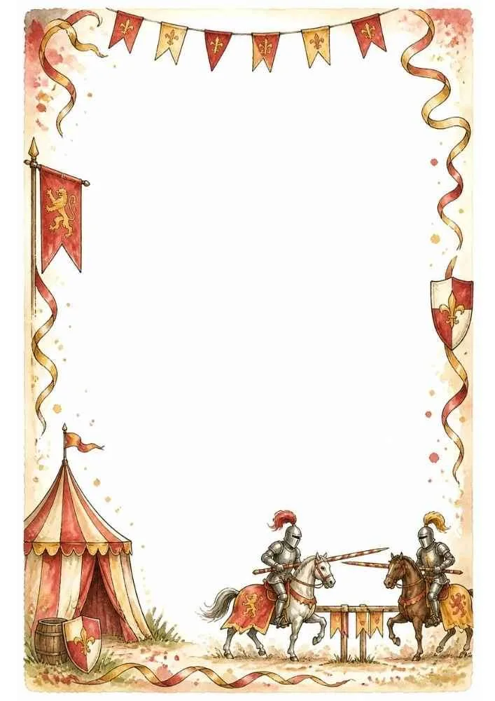 Border with jousting knights, tent, banners, and shields.
