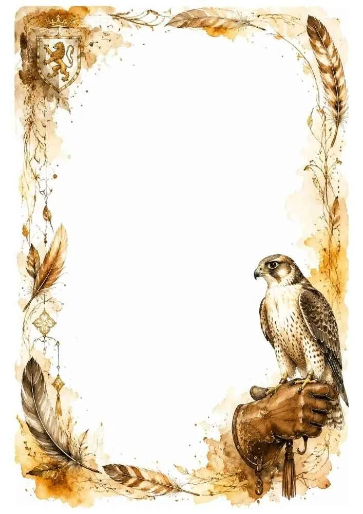 Border with a falcon, feathers, shield, and medieval decorations.