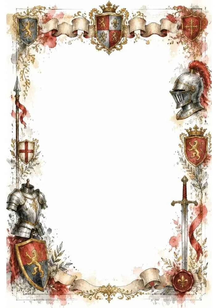 Border with knight armor, shields, sword, and royal crests.