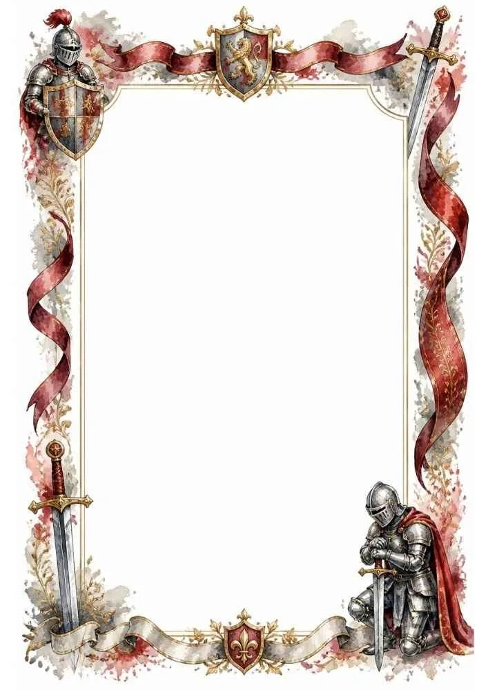 Medieval border with knights, swords, shields, ribbons, and a blank center.