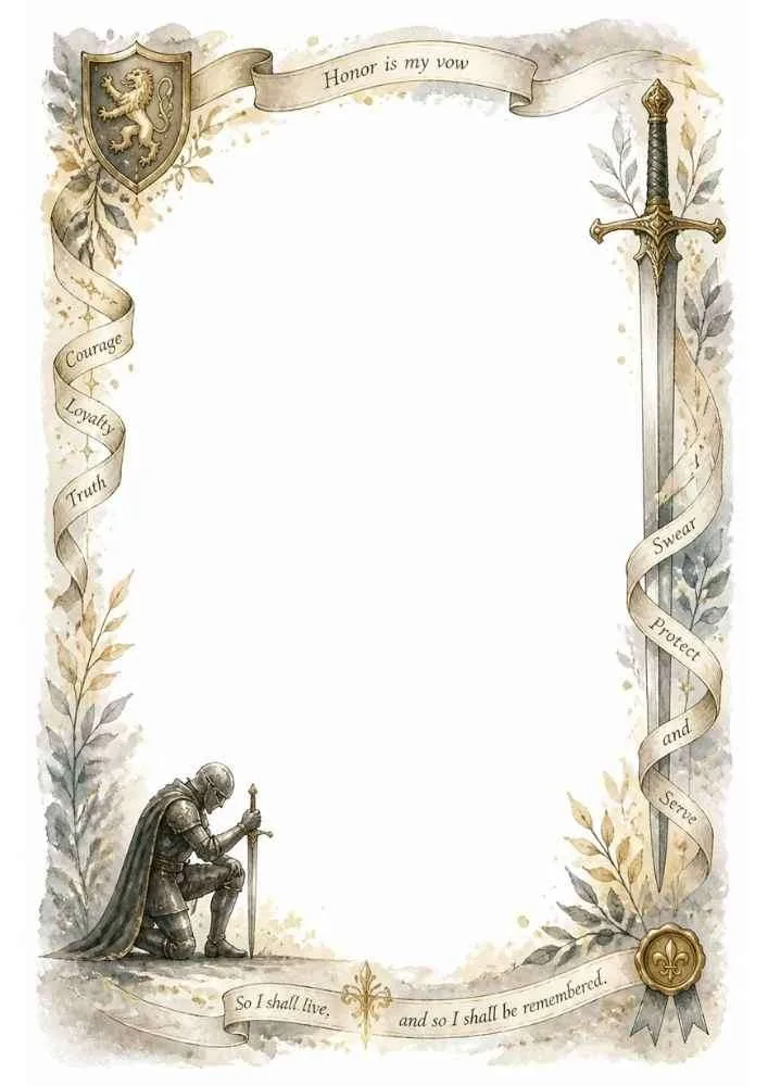 Border with a kneeling knight, sword, shield, and honor themed ribbons.
