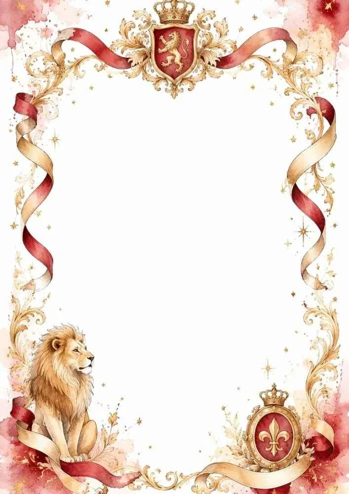 Decorative border with a lion, royal crests, ribbons, and floral details.