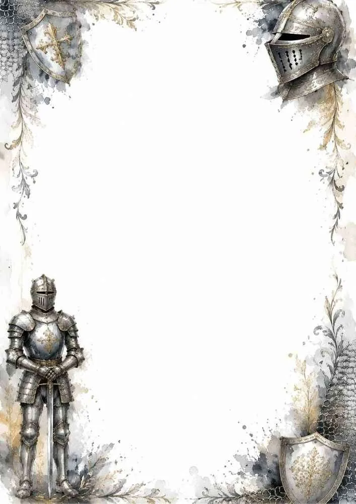 Border with knight armor, shields, and watercolor decorations around a blank center.