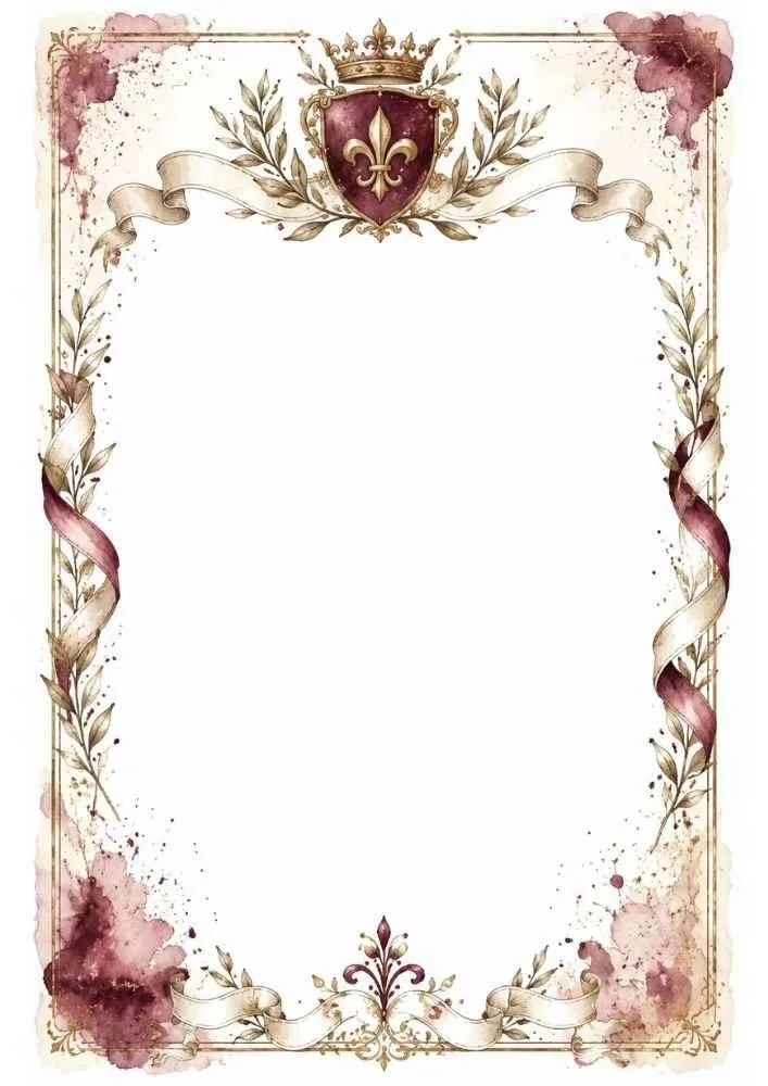 Elegant border with a crowned fleur de lis crest, ribbons, and leaves.