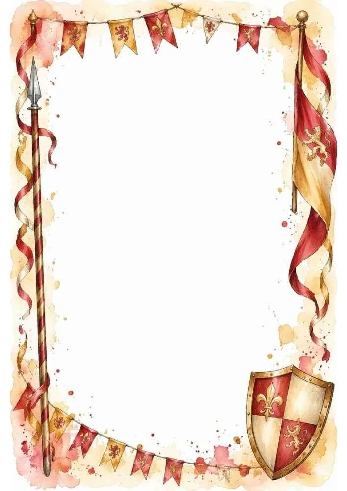 Border with banners, spear, shield, and medieval decorations.