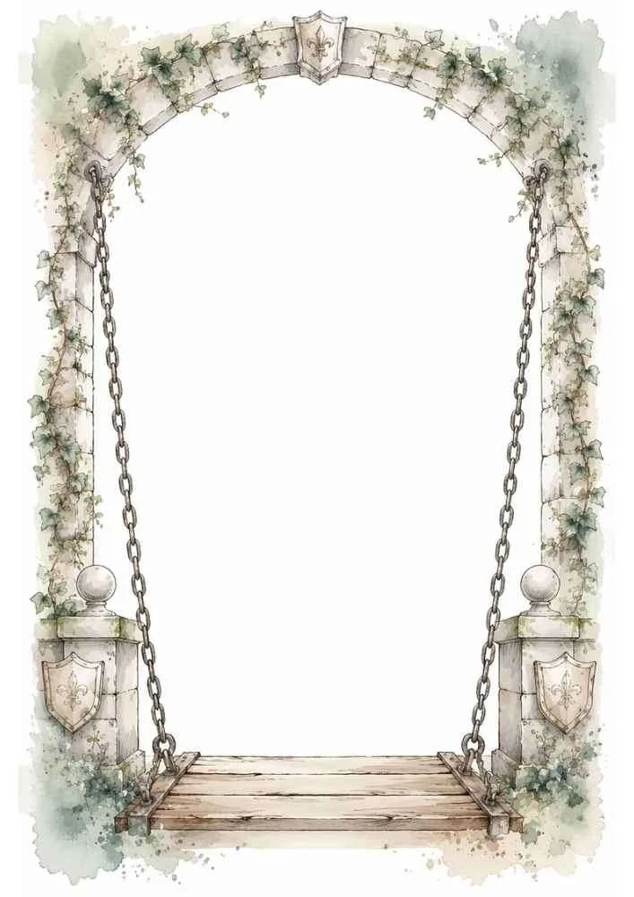 Stone arch with ivy, hanging swing, and open center.
