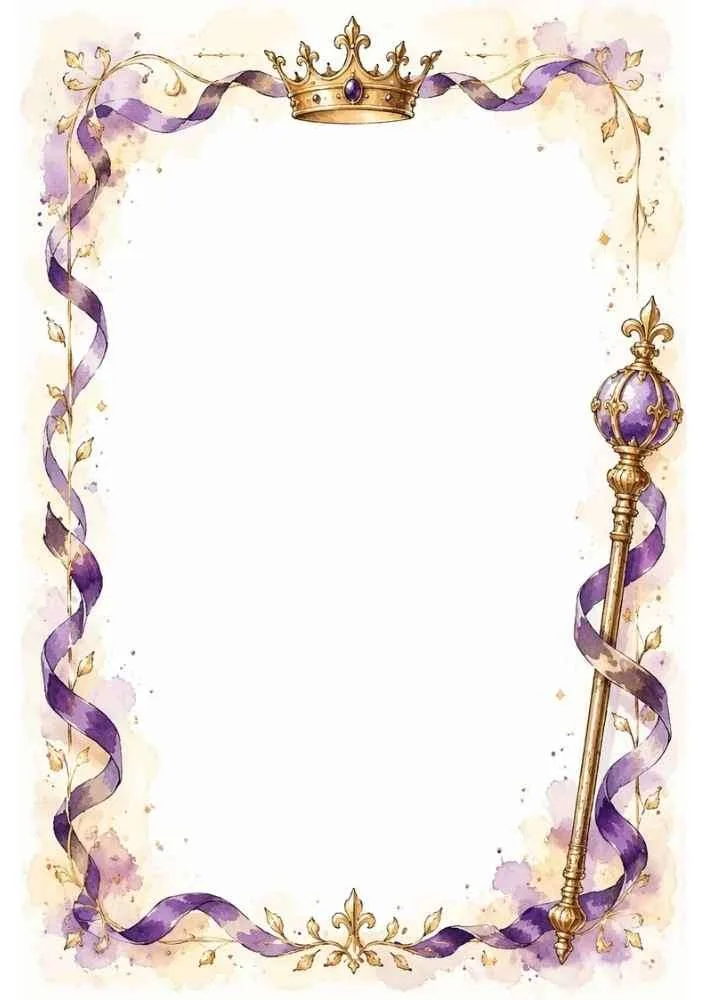 Decorative border with a crown, scepter, purple ribbons, and flowers.