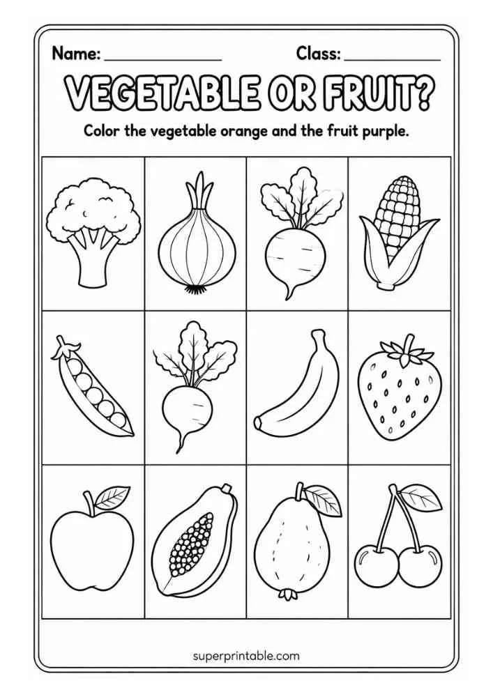 Vegetable or Fruit worksheet with broccoli, onion, beet, corn, peas, banana, strawberry, apple, papaya, pear, and cherries.