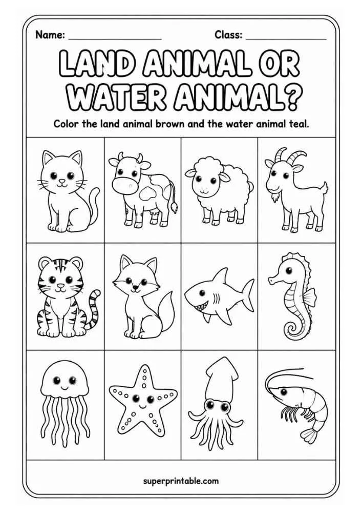 Land or Water Animal worksheet with cat, cow, sheep, goat, tiger, fox, shark, seahorse, jellyfish, starfish, squid, and shrimp.
