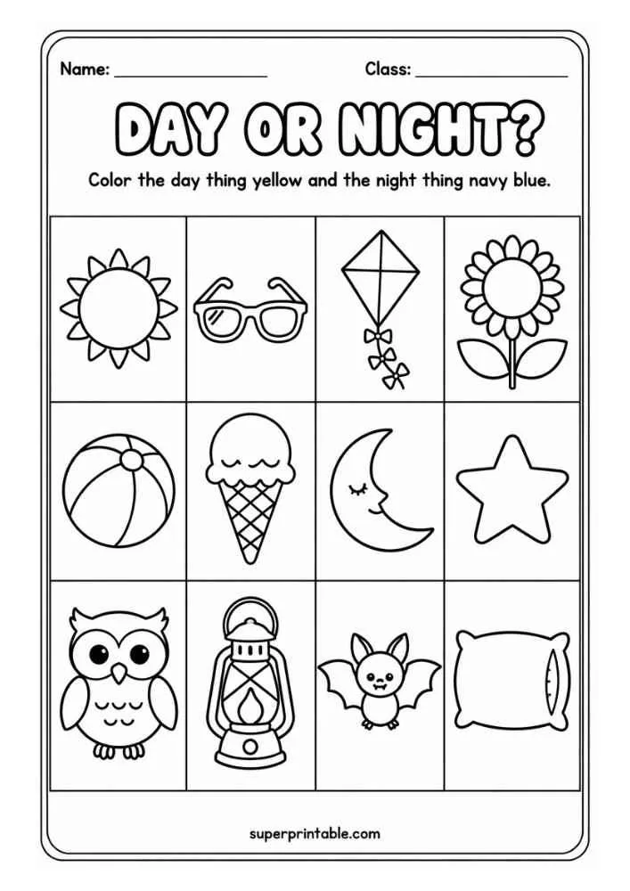 Day or Night worksheet with sun, sunglasses, kite, flower, beach ball, ice cream, moon, star, owl, lantern, bat, and pillow.