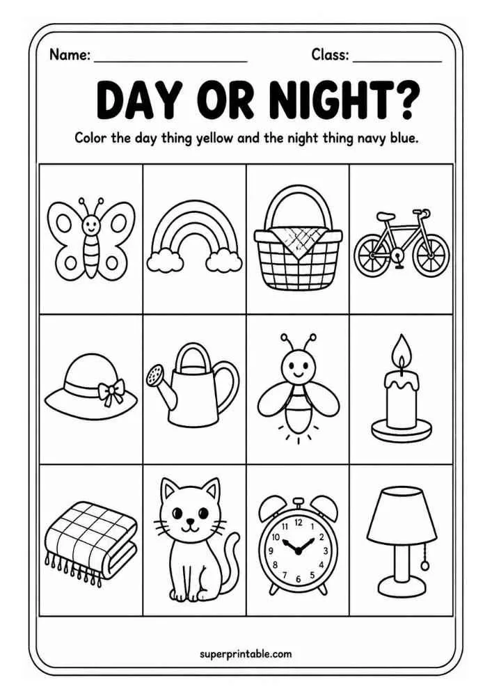 Day or Night worksheet with butterfly, rainbow, picnic basket, bicycle, hat, watering can, firefly, candle, blanket, cat, alarm clock, and lamp.