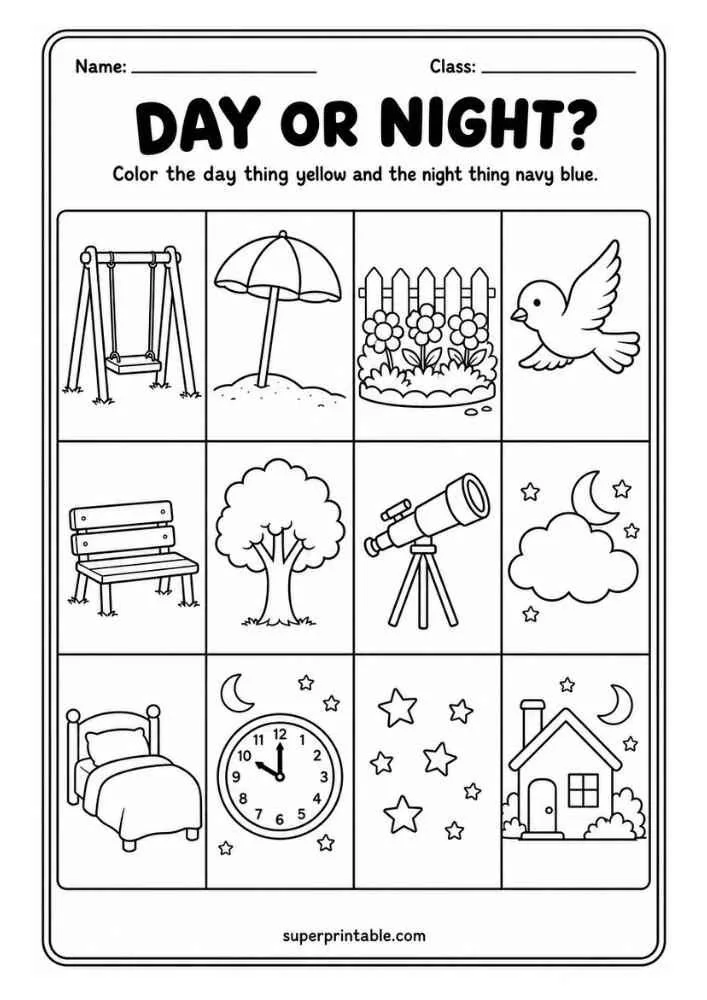 Day or Night worksheet with swing, beach umbrella, garden, bird, bench, tree, telescope, moon, bed, clock, stars, and house.