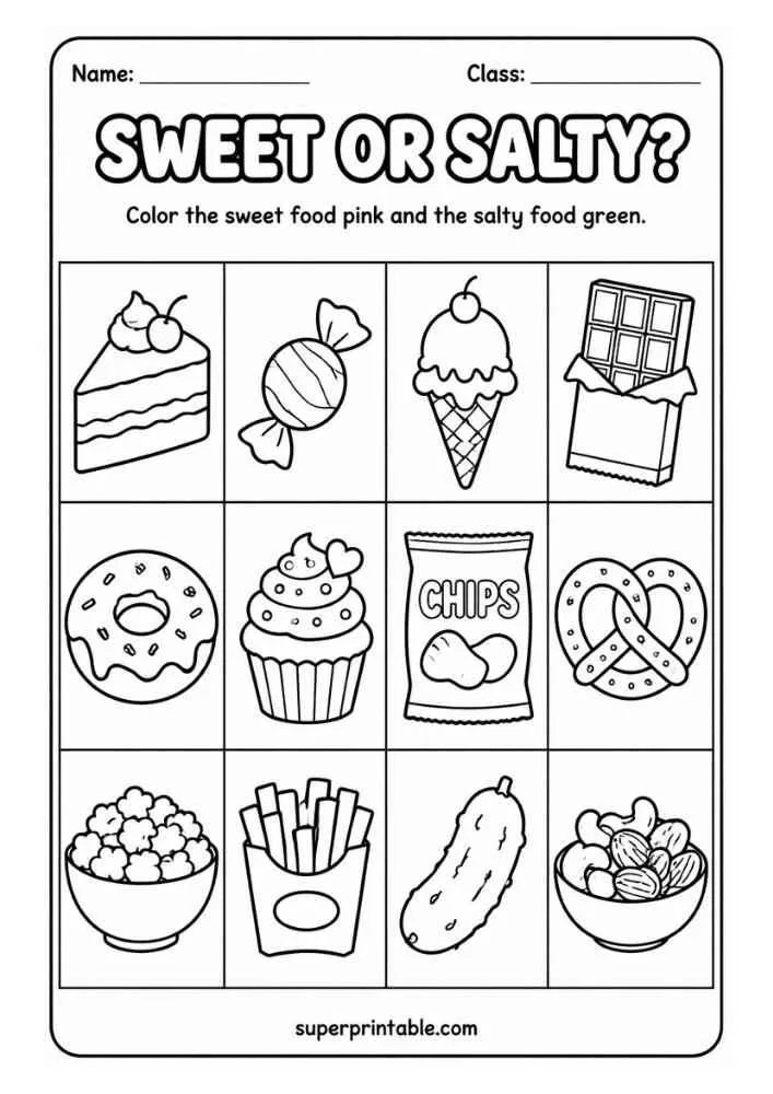 Sweet or Salty worksheet with cake, candy, ice cream, chocolate, donut, cupcake, chips, pretzel, popcorn, fries, pickle, and mixed nuts.