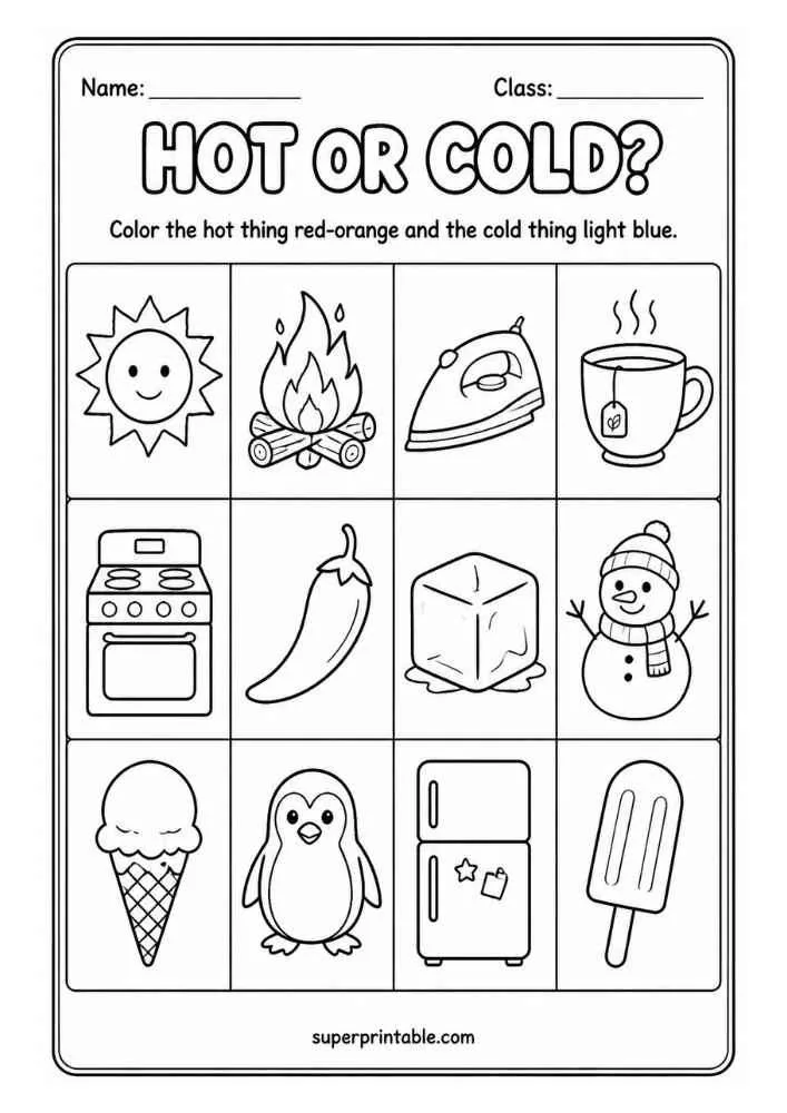 Hot or Cold worksheet with sun, campfire, iron, hot tea, stove, chili, ice cube, snowman, ice cream, penguin, refrigerator, and popsicle.