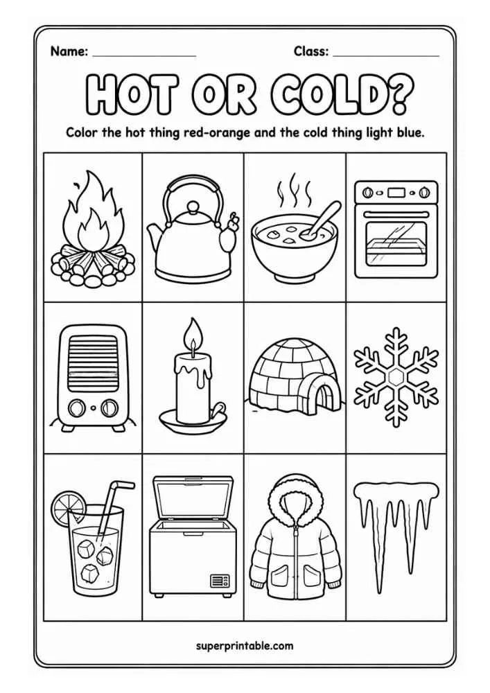 Hot or Cold worksheet with campfire, kettle, soup, oven, heater, candle, igloo, snowflake, cold drink, freezer, winter coat, and icicles.