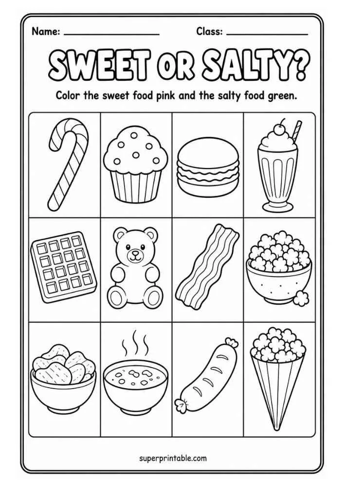 Sweet or Salty worksheet with candy cane, cupcake, burger, milkshake, chocolate, gummy bear, bacon, popcorn, chips, soup, sausage, and popcorn.