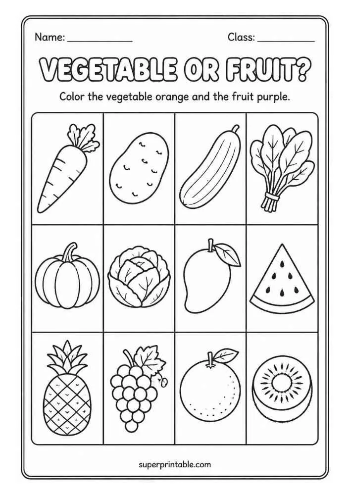 Vegetable or Fruit worksheet with carrot, potato, cucumber, spinach, pumpkin, cabbage, mango, watermelon, pineapple, grapes, orange, and kiwi.