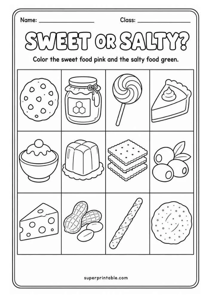 Sweet or Salty worksheet with cookie, honey, lollipop, pie, dessert bowl, jelly, crackers, berries, cheese, peanuts, breadstick, and bagel.