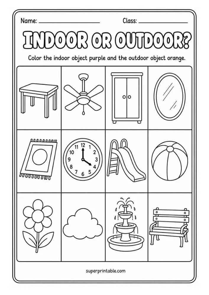 Indoor or Outdoor worksheet with table, ceiling fan, wardrobe, mirror, rug, clock, slide, beach ball, flower, cloud, fountain, and park bench.
