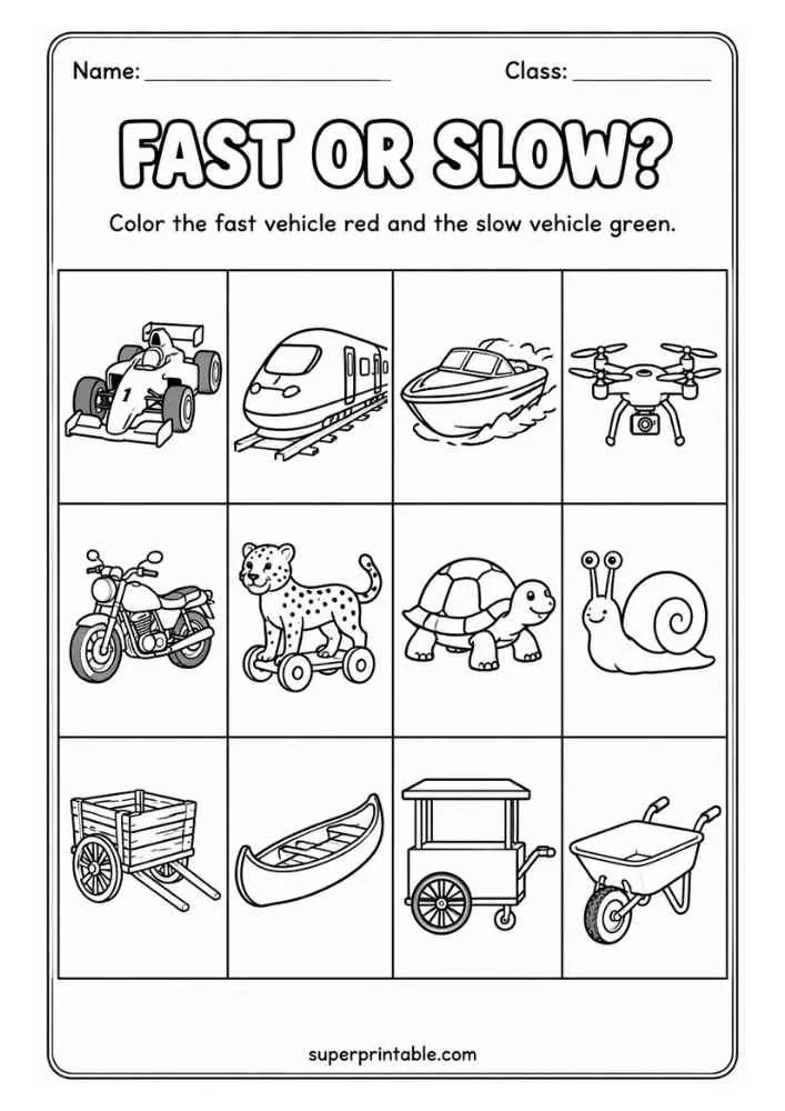 Fast or Slow worksheet with race car, train, speedboat, drone, motorcycle, cheetah cart, tortoise, snail, wagon, canoe, food cart, and wheelbarrow.