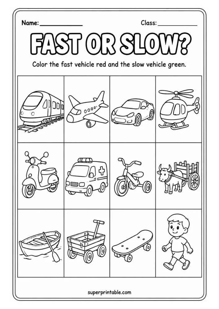 Fast or Slow worksheet with train, airplane, car, helicopter, scooter, ambulance, tricycle, ox cart, rowboat, wagon, skateboard, and walking boy.