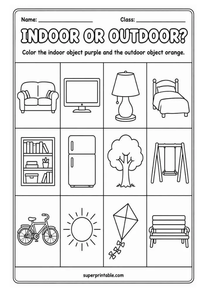 Indoor or Outdoor worksheet with sofa, TV, lamp, bed, bookshelf, refrigerator, tree, swing, bicycle, sun, kite, and park bench.