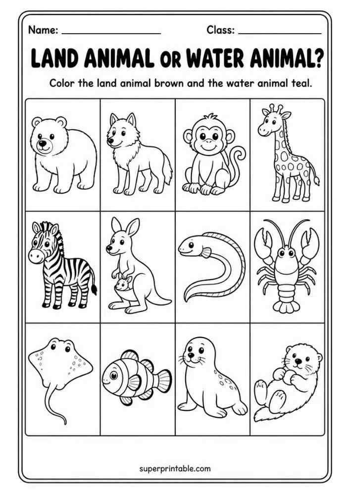 Land or Water Animal worksheet with bear, wolf, monkey, giraffe, zebra, kangaroo, eel, lobster, stingray, fish, seal, and otter.