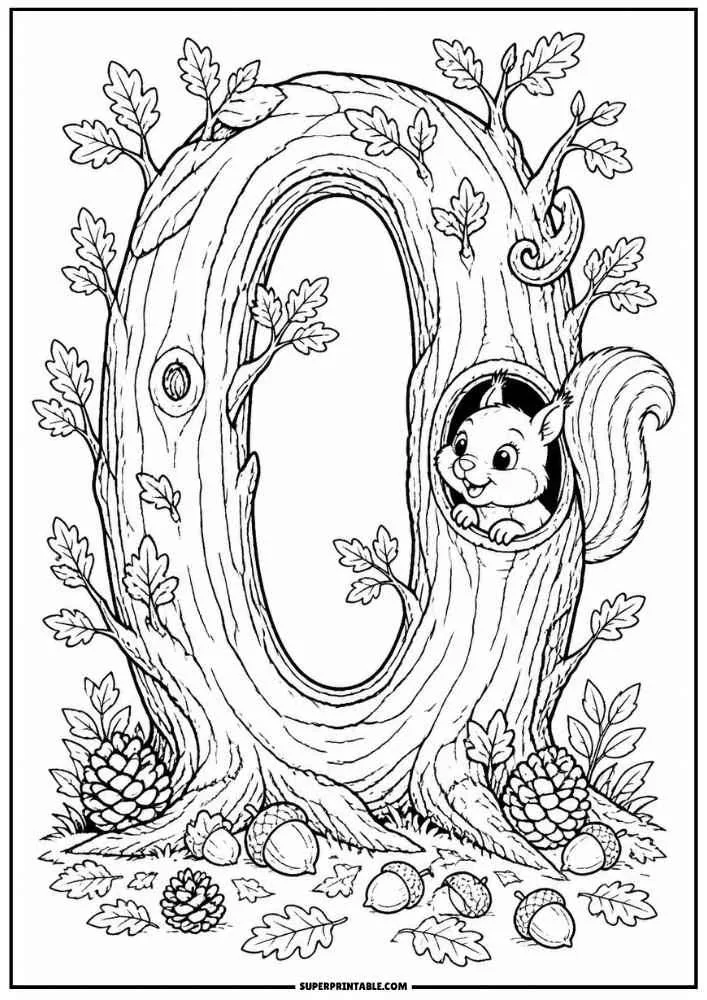 Number 0 tree with a squirrel in a hollow, leaves, pinecones, and acorns.