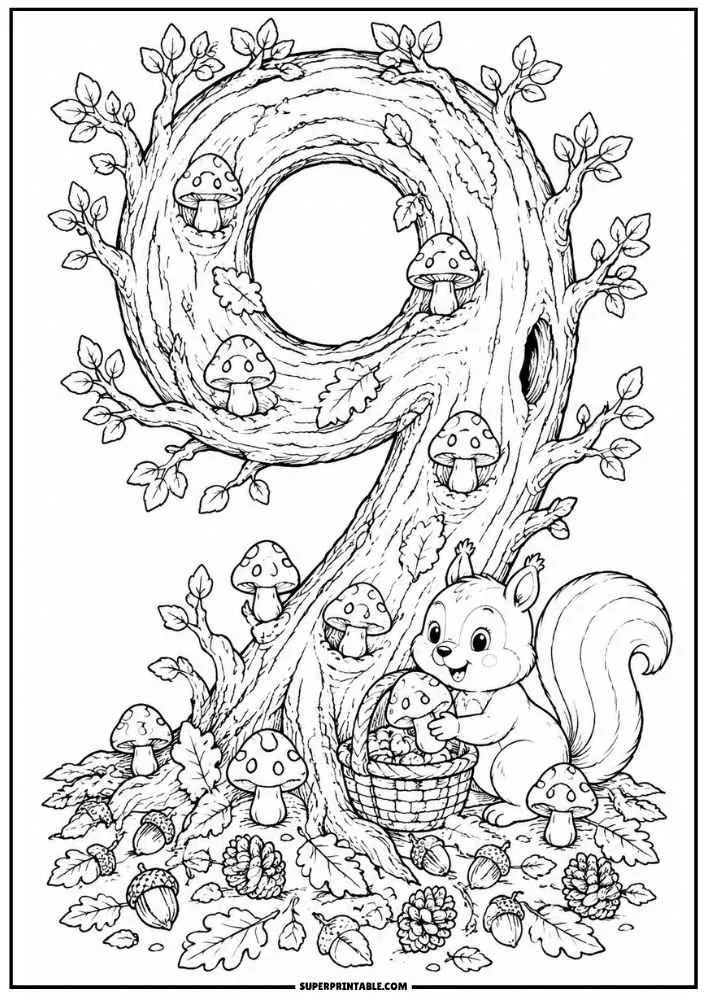 Number 9 tree with a squirrel collecting mushrooms in a basket.