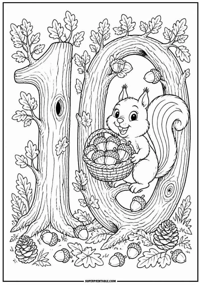 Number 10 tree with a squirrel holding an acorn basket and woodland leaves.