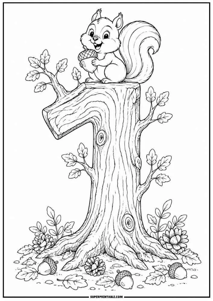 Number 1 tree with a squirrel holding an acorn and woodland leaves.