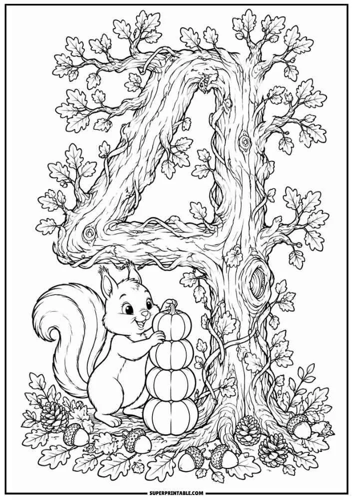 Number 4 tree with a squirrel stacking pumpkins among forest leaves.