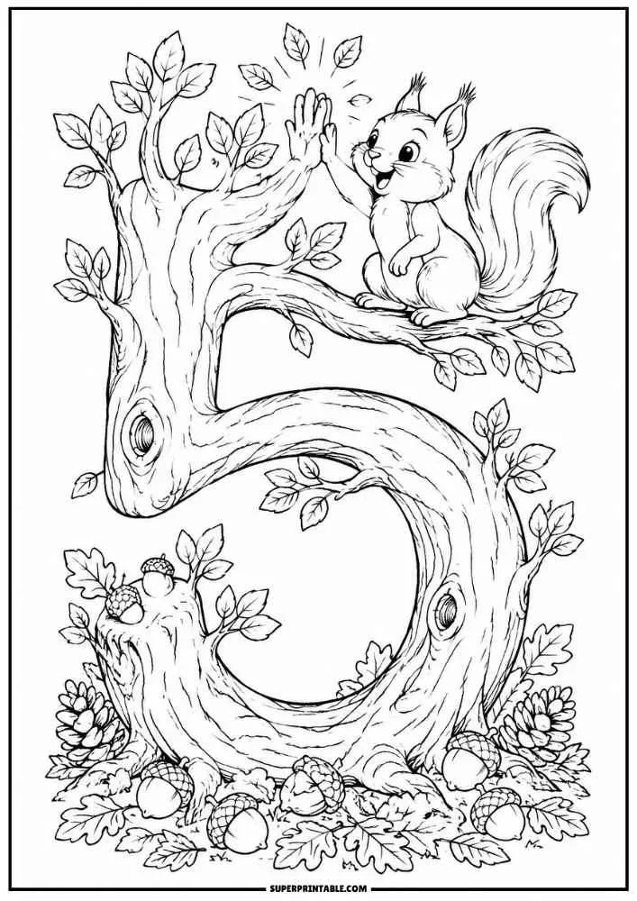 Number 5 tree with a squirrel high fiving a branch and forest leaves.