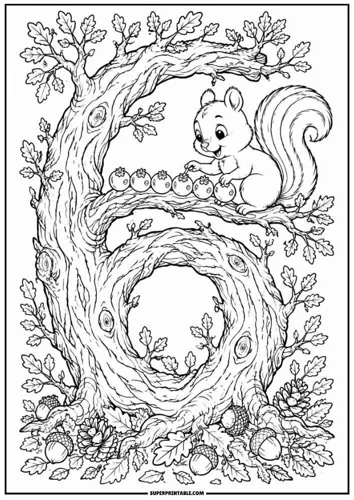 Number 6 tree with a squirrel arranging berries on a branch.