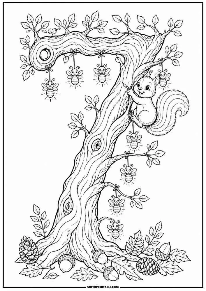 Number 7 tree with a climbing squirrel and hanging bees.