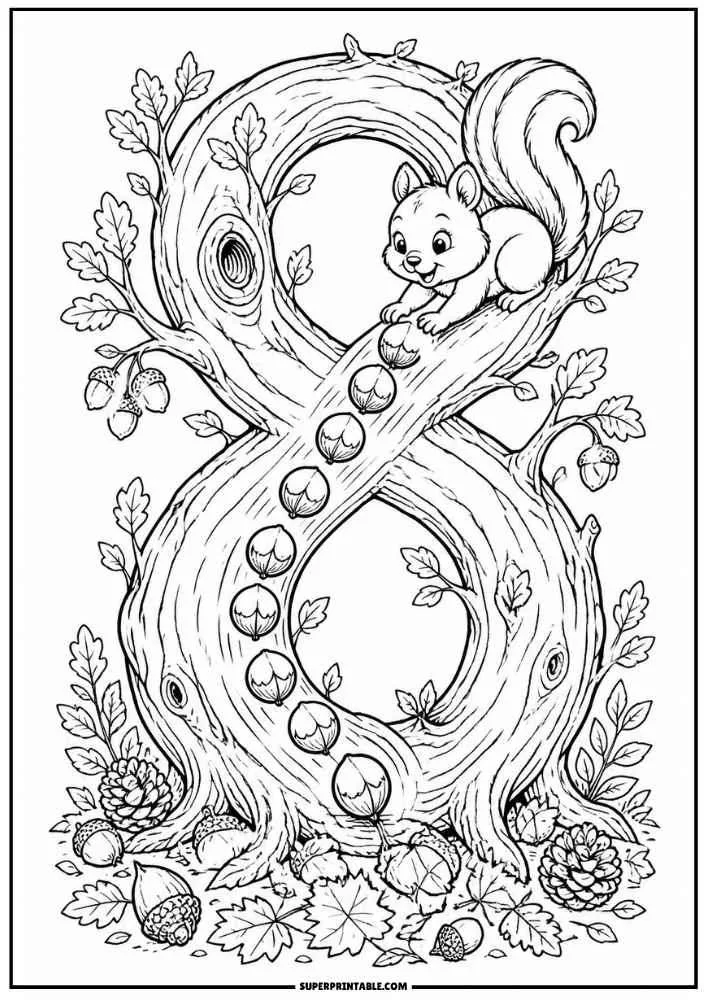 Number 8 tree with a squirrel rolling acorns and forest decorations.