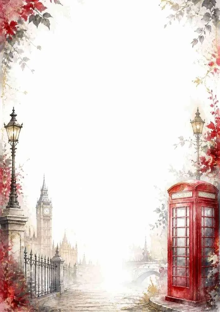 Watercolor border with Big Ben, red telephone booth, street lamps, flowers, and a large blank center.