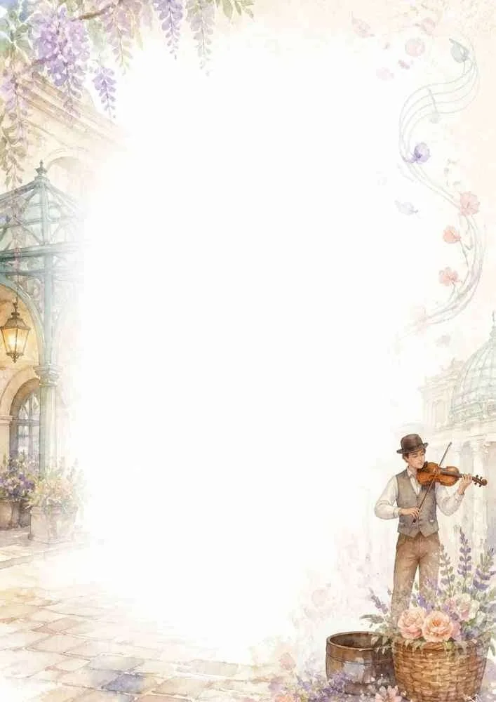 Watercolor border with violin player, flowers, buildings, and a large blank center.